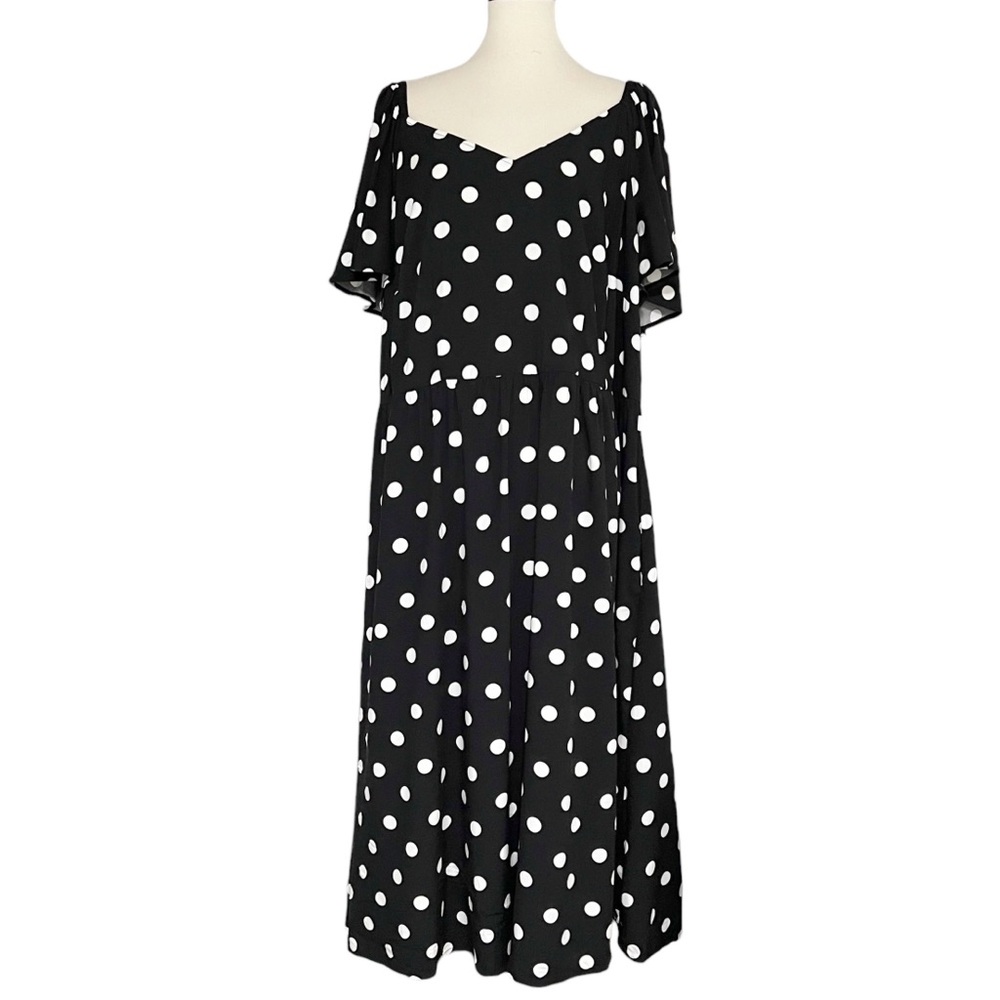 Ava & Viv Women's Black & White Polka Flutter Short Sleeve Midi Dress 3x - Picture 2 of 12